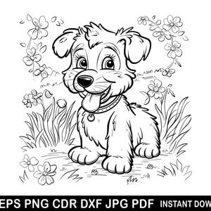 Puede incluir: Un dibujo en blanco y negro de un cachorro feliz con la lengua fuera. El cachorro está rodeado de flores y hierba.