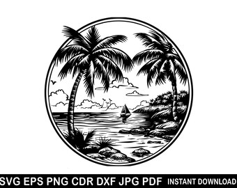 Beach scene Svg, Sunset beach Cricut, Beach life Dxf, Island palm tree Vector, Tropical island Silhouette