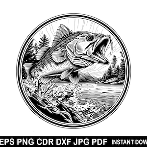Puede incluir: Ilustración en blanco y negro de una lubina de boca grande saltando fuera del agua con la boca abierta. El pez está rodeado de gotas de agua y un fondo de árboles y montañas.
