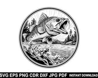Bass Fishing Svg, Fishing Eps, Bass Fish Png, Bass Clipart, Bass Cricut, Bass Cut file, Fish Vector, Fish Hook Decor, Fishing Logo