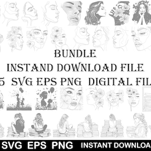 May include: A digital download bundle of 35 black and white line art illustrations featuring women, flowers, and books. The text "BUNDLE INSTAND DOWNLOAD FILE 35 SVG EPS PNG DIGITAL FILE SVG EPS PNG INSTANT DOWNLOAD" is included in the image.