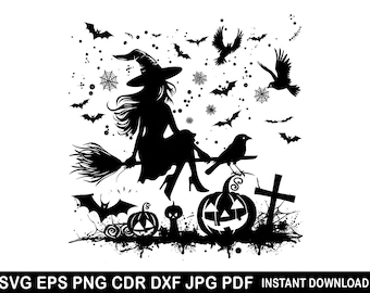 Pretty Witch Silhouette, Cute Witch Svg, Pumpkin PNG, Spooky Halloween Clipart, Witch on Broom SVG, Bats Svg, Kids Halloween Home decor
