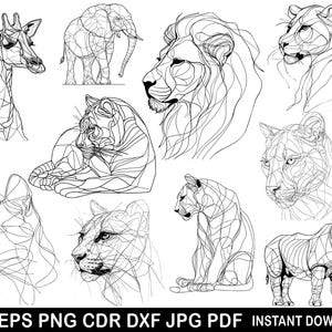 Könnte beinhalten: Ein Set aus zehn Schwarzweiß-Linienzeichnungen verschiedener Tiere, darunter eine Giraffe, ein Elefant, ein Löwe, eine Löwin, ein Tiger, ein Panther, eine Katze, ein Nashorn und eine Katze. Die Tiere sind in einem geometrischen Stil gezeichnet, wobei Linien ihre Formen bilden.