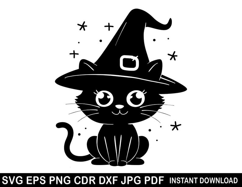 Halloween Black Cat Clipart / Cat in Witch Hat Svg / Cute Black Cat Svg ...