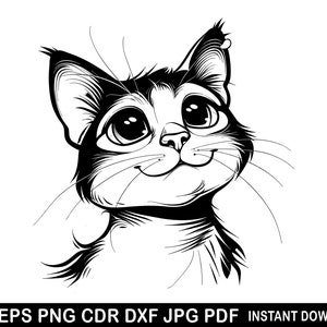 May include: Black and white line drawing of a cat with big eyes looking up and smiling.