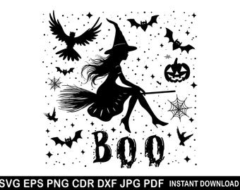 Halloween Witch Svg, Witch Clipart, Cut Files For Cricut, Witch Silhouette, Spooky Season Png, Spooky SVG, Bats Svg, Halloween Home decor