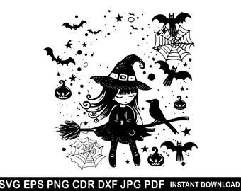 Baby Witch Silhouette SVG, Pumpkin PNG, Halloween Clipart (Digital Download)