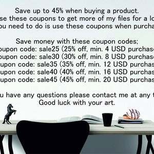 May include: A desk with a black chair, a black horse figurine, a book, a black cup, a donut, and a pen. Text on the image offers coupon codes for discounts up to 45% off.