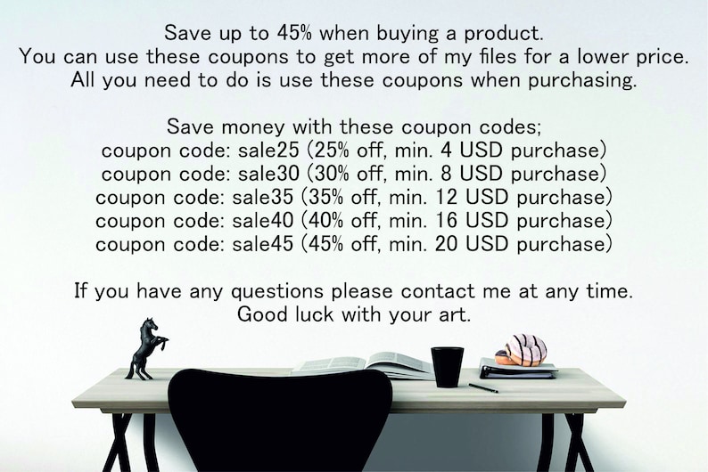 May include: A desk with a black chair, a black horse figurine, a book, a black cup, a donut, and a pen. Text on the image offers coupon codes for discounts up to 45% off.