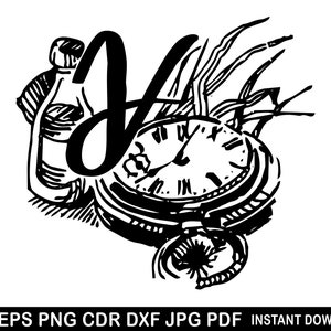 May include: Black and white illustration of a pocket watch with a roman numeral clock face and a bottle of liquid. The word "Time" is written in a stylized font above the watch.