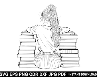 Chica con libro SVG / Logotipo de lector / Clipart de lectura vectorial / Silueta de amante de los libros / Decoración de silueta de lector / Archivo Cricut de moda