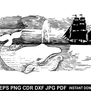 May include: A black and white illustration of a whale with a ship sailing in the background. The whale is white and the ship is black. The image is drawn in a vintage style.
