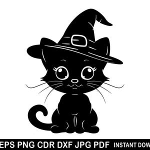 Hexe Katze mit Hut, schwarze Katze Clipart, Halloween süße Katze Clipart, gruselige Halloween SVG, Geist SVG, süße Halloween Png Dxf