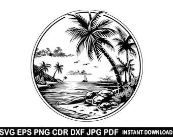 Beach Scene Svg, Sunset Beach Cricut, Beach Life Dxf, Palm Tree Vector, Tropical Island Silhouette, Surfer Clipart Svg Logo