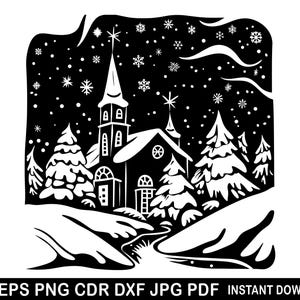Igreja de Natal svg, Silhueta de noite de Natal, Arquivos de corte de floresta de inverno, Presente de Natal Svg, Clipart de feliz Natal, Vetor de véspera de Natal