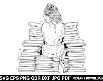 Meisje leesboek svg \ boekkunst \ leesboek svg \ meisje met boeken silhouet \ logo vrouw lezen boek \ lezing decor \ vrouw cricut