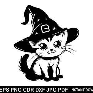 May include: Black and white illustration of a cat wearing a witch's hat with stars and a buckle. The cat has large eyes and a cute expression.