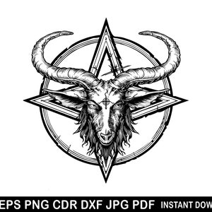 May include: A black and white illustration of a goat's head with horns inside a pentagram.
