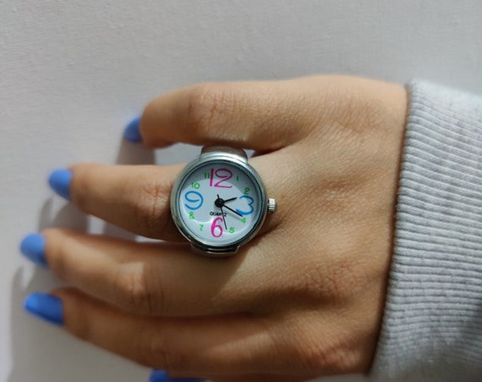 90's Y2K Watch Ring, Mini Ring Watch, Unique Rings, Initial Ring, Steampunk Ring, Vintage Watch Ring, Adjustable Unique Cool Vintage Watch