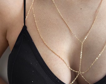 Layered Lilith Body Chain - Chain Bra and Simple Layered Jewelry Accessories for Minimalist Chest Bralette Look