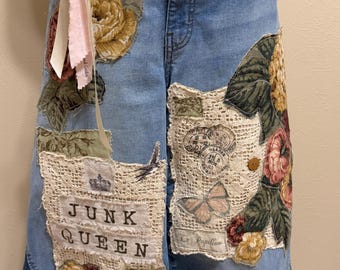 Upcycled stretch denim "Junk Queen" jeans, boho, flowers, vintage fabrics, lace appliquéd size 14