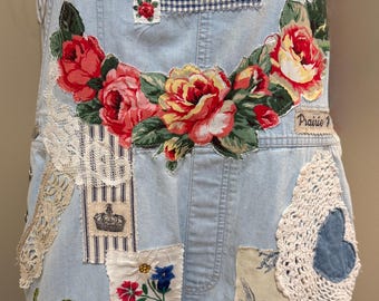 Upcycled light wash, light weight, cotton ladies short bib overalls size large