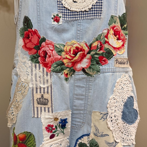 Upcycled light wash, light weight, cotton ladies short bib overalls size large