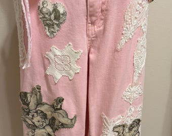 Upcycled Stretch 'Cherish The Love" Cropped Denim Jeans: pink, shabby chic, appliquéd, lace Size 16