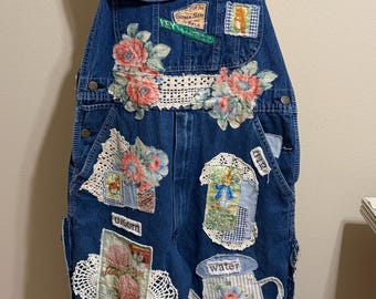 Ucycled and altered, garden themed, denim "boyfriend" bib overalls, appliqued, cotton, flowers, shabby chic, whimsical