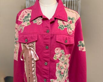 Upcycled fuschia pink, cotton jacket, shabby chic, appliqued, flowers, lace, wearable art, size large