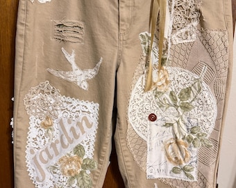 Upcycled Neutral Strecth Denim Jeans, appliqued, garden theme, flowers, lace, boho, shabby chic size 16