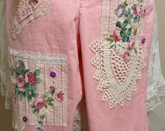 Upcycled Shabby Chic Pink Pants: Pantaloons Floral Lace Appliques Ruffles Stretchy Cotton Lightweight