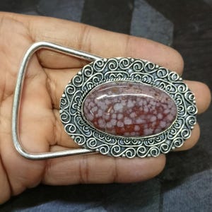 Pink Ocean Jasper Belt Buckle – Handmade Silver Plated Gemstone Accessory – Polished Crystal Buckle for Men & Women – Boho Chic Gift Idea