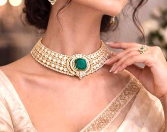 22K Gold Natural Diamond Emerald Necklace