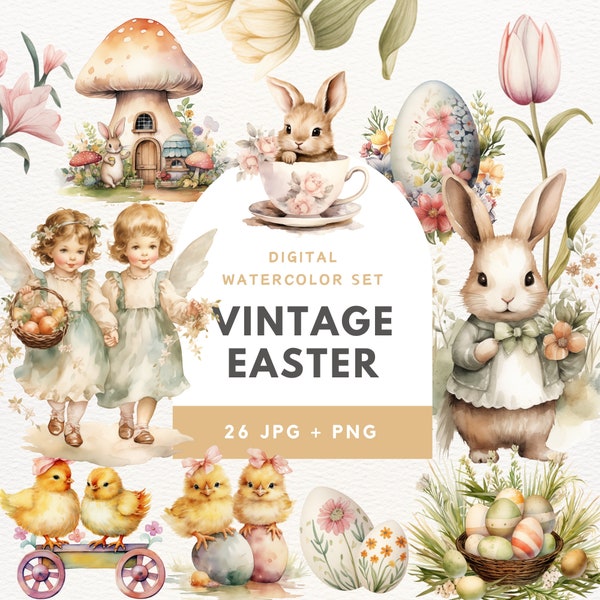 Vintage Easter Clipart, Watercolor Easter Clipart, Spring Clipart, Springtime, Digital Download, Scrapbook, Junk Journal, Digital Print