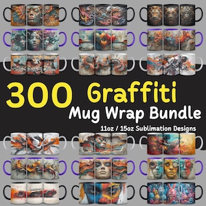300+ Graffiti Mug Wrap, bunte Becherverpackung, Graffiti-Kaffeetasse, 3D-Kaffeeteeverpackung, Sublimationsdesign, Becherverpackungsbündel, kommerzielle Nutzung