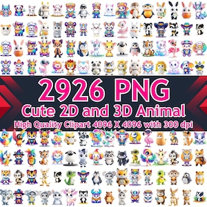 Puede incluir: Una colección de 2926 imágenes PNG con ilustraciones de animales lindos en 2D y 3D. Las imágenes son clipart de alta calidad, miden 4096 x 4096 píxeles con 300 ppp.
