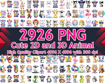 May include: A collection of 2926 PNG images featuring cute 2D and 3D animal illustrations. The images are high quality clipart, measuring 4096 x 4096 pixels with 300 dpi.