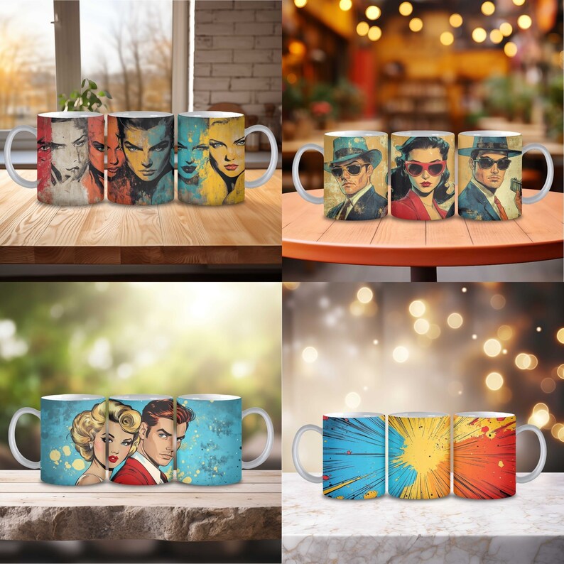 K&ouml;nnte beinhalten: Set aus vier wei&szlig;en Keramikbechern mit verschiedenen grafischen Designs. Die Becher zeigen Retro-Illustrationen von Personen mit Sonnenbrillen und ein Comic-Design mit Farbstichen.