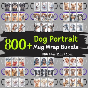 Paquete de envoltorios para tazas con retratos de más de 800 razas de perros, imágenes prediseñadas de razas de perros, perros de acuarela, envoltorios para tazas de animales, imágenes prediseñadas de animales, paquete PNG, uso comercial