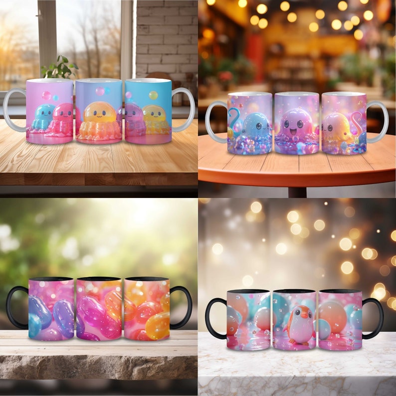 May include: Set of three ceramic mugs with colorful cartoon octopus designs. The mugs are white with a glossy finish. The octopus designs are in shades of pink, blue, and yellow.