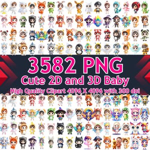 以下が含まれることがあります： かわいい2Dと3Dの赤ちゃんキャラクターをフィーチャーした3582枚のPNG画像のコレクション。画像は高品質のクリップアートで、4096 x 4096ピクセル、300dpiです。