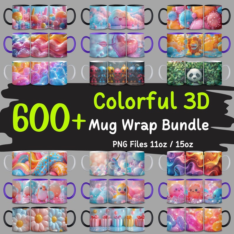 May include: A collection of 600+ colorful 3D mug wrap designs. The designs feature a variety of themes, including animals, food, and abstract patterns. The mug wraps are available in 11oz and 15oz sizes.