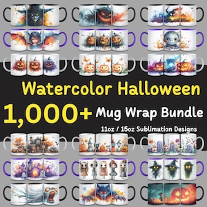 Puede incluir: Un paquete de más de 1.000 diseños de envoltura de taza de Halloween en acuarela para tazas de sublimación de 11 oz y 15 oz. Los diseños presentan calabazas, fantasmas, murciélagos, brujas y otras imágenes de Halloween.