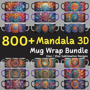 Pacchetto di arte mandala 3D da 800+ - Download digitali intricati, pacchetto di involucri di tazze Mandala, design a sublimazione, design mandala, design tazza da caffè