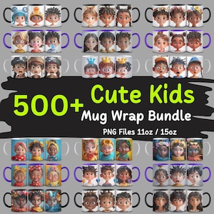 Paquete de envoltura de taza para niños lindos de más de 500, PNG para niños, envoltura de taza adorable, imágenes prediseñadas para niños, diseño de sublimación, paquete PNG, uso comercial