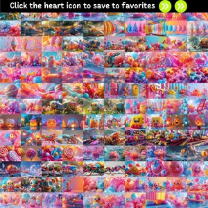May include: A collage of colorful, whimsical images featuring candy, lollipops, and cartoon characters. The images are arranged in a grid pattern and are set against a bright, colorful background.