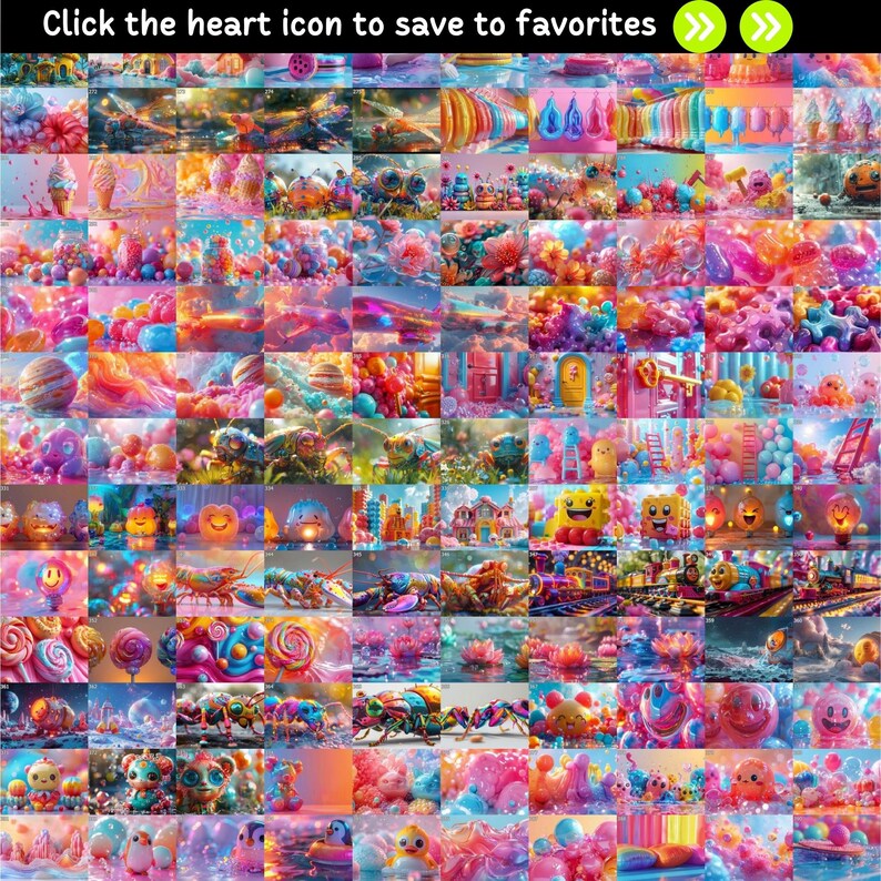 May include: A collage of colorful, whimsical images featuring candy, lollipops, and cartoon characters. The images are arranged in a grid pattern and are set against a bright, colorful background.