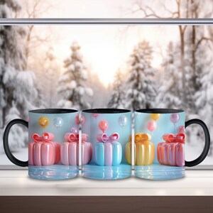 May include: Three black mugs with a white interior. Each mug features a different color gift box with a bow and balloons on a light blue background.