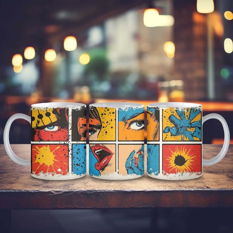 K&ouml;nnte beinhalten: Drei wei&szlig;e Keramikbecher mit einem Pop-Art-Design. Jeder Becher zeigt ein anderes Comic-Bild mit einem bunten Hintergrund. Die Bilder zeigen ein Frauenauge, Frauenlippen und eine Hand.